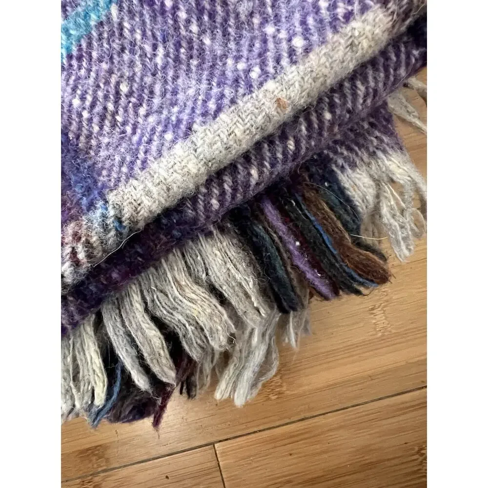 Edinburgh Tartan Shop Pure Wool Purple Blue Grey Plaid Blanket 63x55” Britain